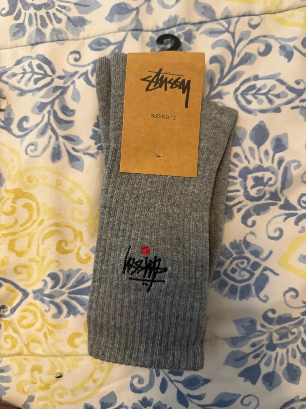 Stussy Gray Ribbed Crew Socks with Embroidered Logo